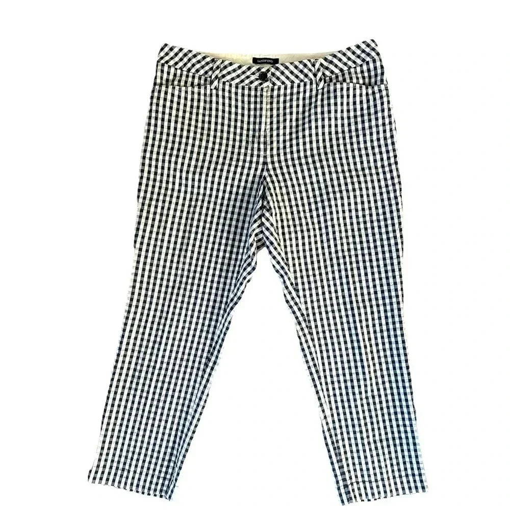 Lands End Gingham Pant Womens Navy White Straight Leg Size 10 - Picture 1 of 8